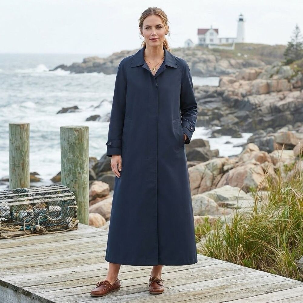 Vintage 90s LL Bean Long Trench Coat size XL Navy Nautical Fisherman Heritage
